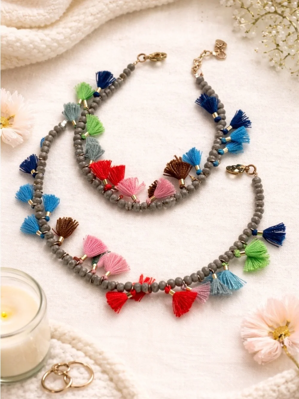 Colorful Tassel Beaded Bracelets Set Boho Stack Stretch 2PC